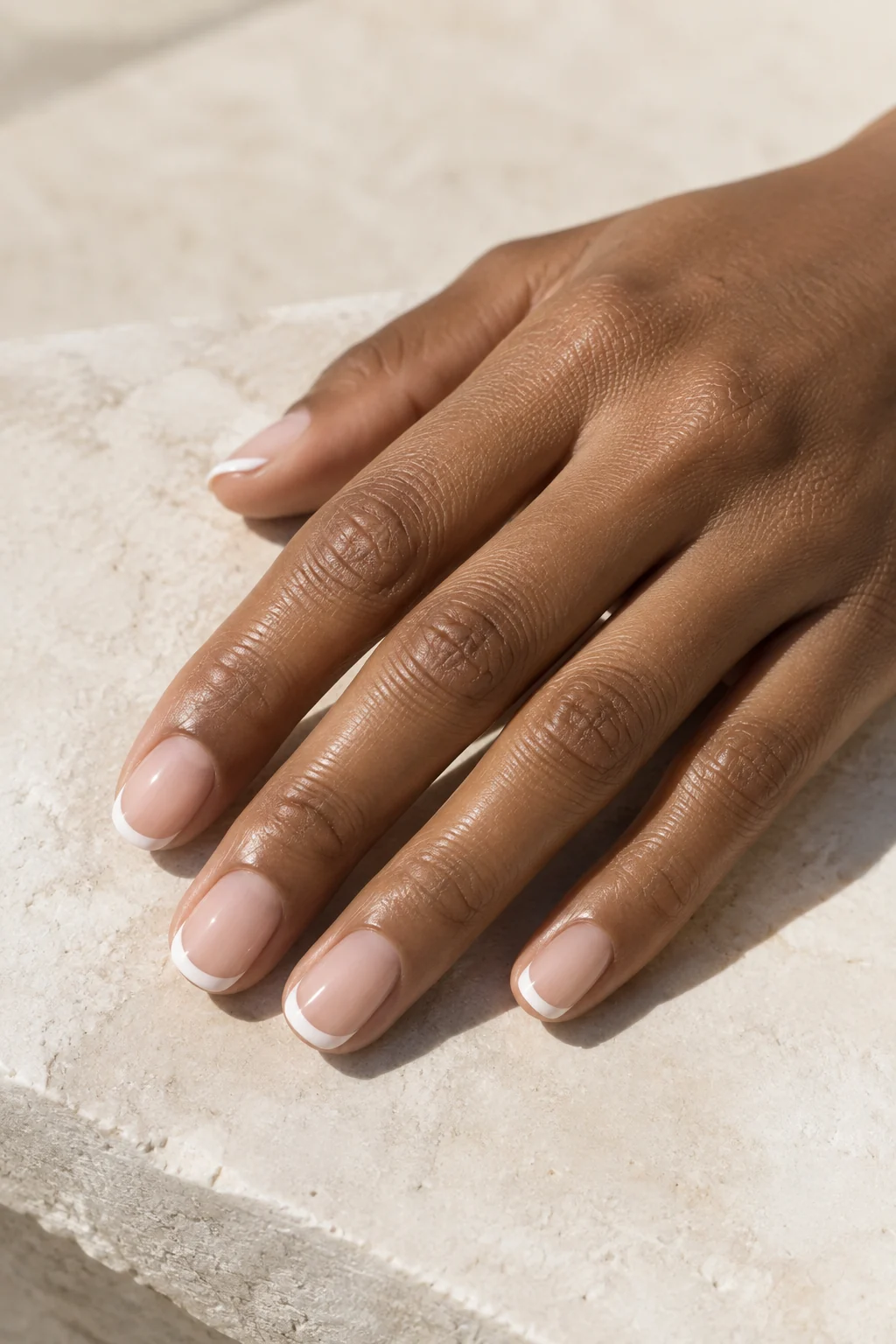 Fine white French tips on softly rounded nails