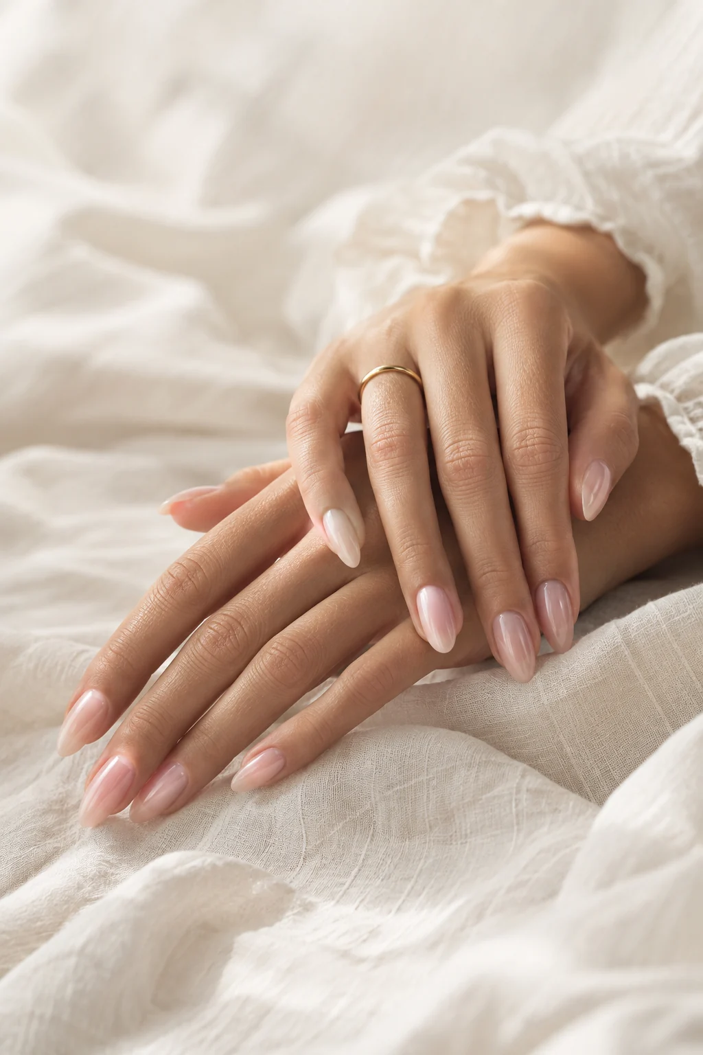 Sheer pink almond nails resting on white linen