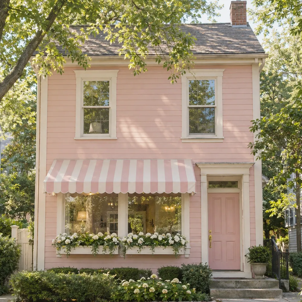 The front of Gloss House: a pink clapboard house with a striped awning over the shop window, window boxes of white flowers and a pink front door