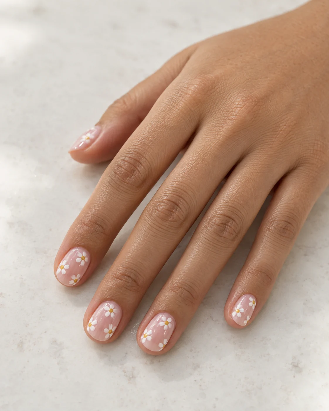 Tiny white daisies painted on sheer pink nails
